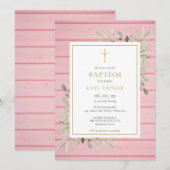 Roze Rustieke Houtgroen Blad Doop Kaart (Voorkant / Achterkant)