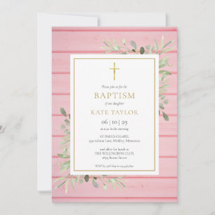 Roze Rustieke Houtgroen Blad Doop Kaart