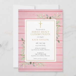 Roze Rustieke Houtgroen Eerste Heilige Communie Kaart