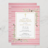 Roze Rustieke Houtgroen Eerste Heilige Communie Kaart (Voorkant / Achterkant)