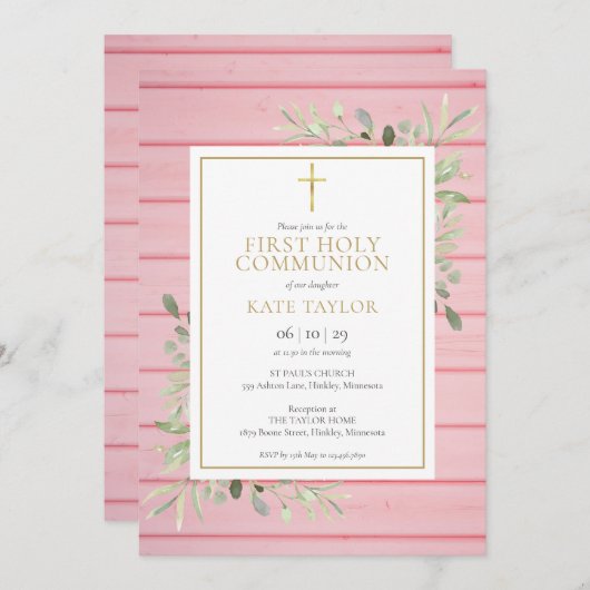 Roze Rustieke Houtgroen Eerste Heilige Communie Kaart (Voorkant / Achterkant)