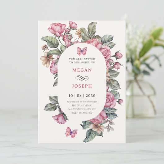 Roze rustieke rozen bloemenbruiloft kaart (Staand voorkant)