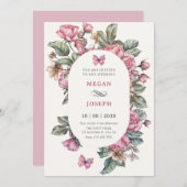 Roze rustieke rozen bloemenbruiloft kaart (Voorkant / Achterkant)