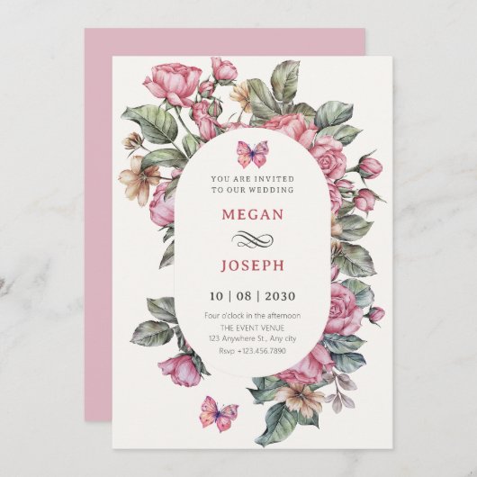 Roze rustieke rozen bloemenbruiloft kaart (Voorkant / Achterkant)