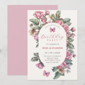 Roze rustieke rozen bloemenverjaardag kaart (Voorkant / Achterkant)