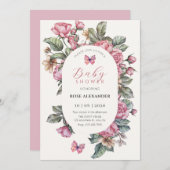 Roze rustieke rozen floral baby shower kaart (Voorkant / Achterkant)