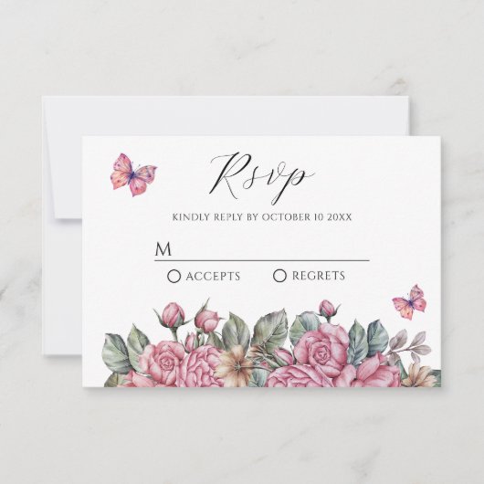 Roze rustieke rozen floral RSVP kaartje (Voorkant)