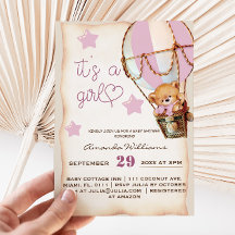 Roze Rustieke Teddy Bear Meisje Baby shower Invita