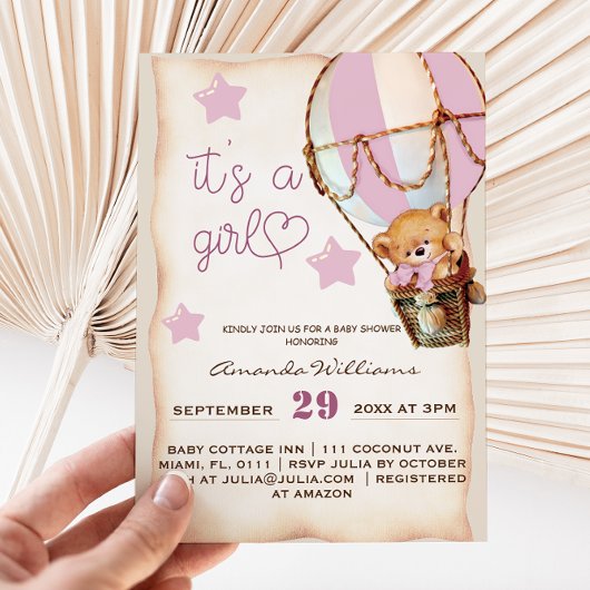 Roze Rustieke Teddy Bear Meisje Baby shower Invita Kaart