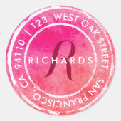 Roze rustieke Waterverf Monogram | Afgerond adres Ronde Sticker (Voorkant)