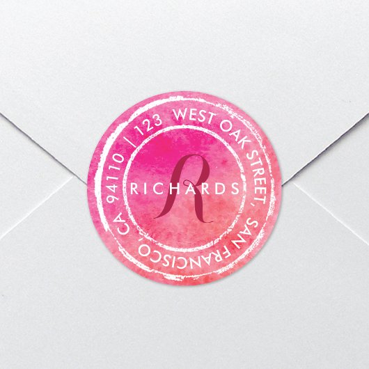 Roze rustieke Waterverf Monogram | Afgerond adres Ronde Sticker