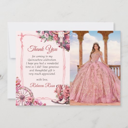 Roze Rustieke Westerne Quinceanera Dank u Kaart (Voorkant)