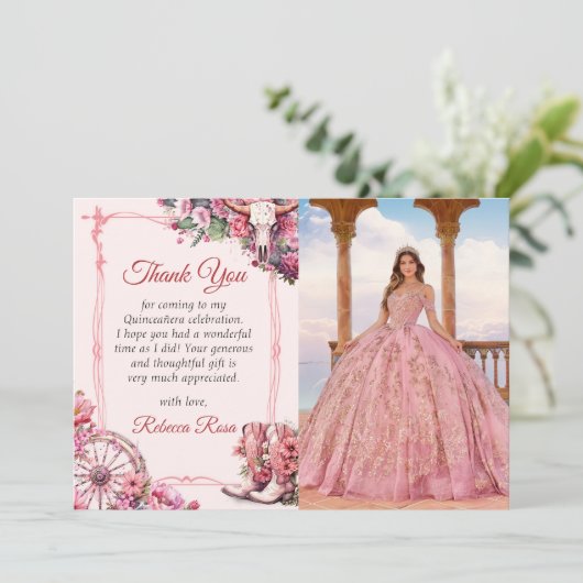 Roze Rustieke Westerne Quinceanera Dank u Kaart (Staand voorkant)