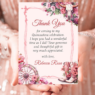Roze Rustieke Westerse Quinceanera Dankkaart Kaart