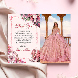 Roze Rustieke Westerse Quinceanera Dankkaart  Kaart