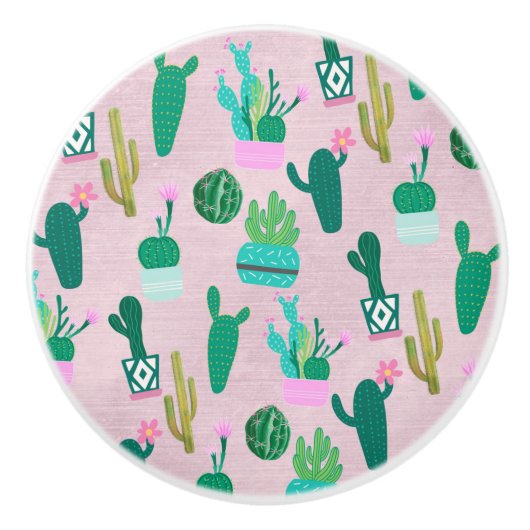 Roze Rustieke Zuidwestelijke Cactussen Cactus Plan Keramische Knop (Voorkant)