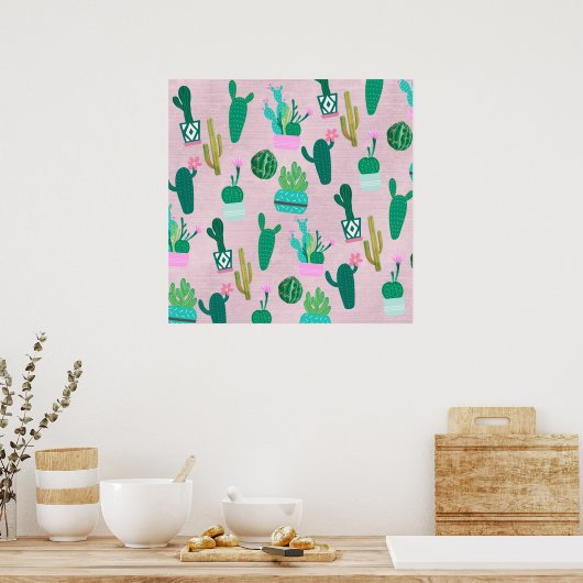 Roze Rustieke Zuidwestelijke Cactussen Cactus Plan Poster (Keuken)