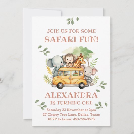 Roze Safari Animal Girl Oerwoud 1e verjaardagsfees Kaart (Voorkant)