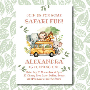 Roze Safari Animal Girl Oerwoud 1e verjaardagsfees Kaart