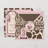 Roze Safari Animal Print & Cupcake Derde verjaarda Kaart (Voorkant / Achterkant)