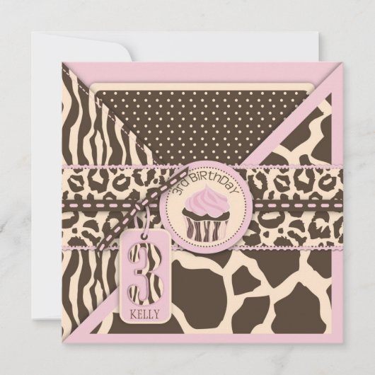 Roze Safari Animal Print & Cupcake Derde verjaarda Kaart (Voorkant)