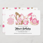 Roze Safari Animals 2e verjaardag van de uitnodigi Kaart (Voorkant / Achterkant)