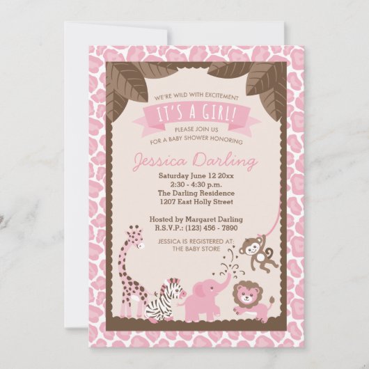 Roze Safari Animals Girl Baby Shower Invitations Kaart (Voorkant)