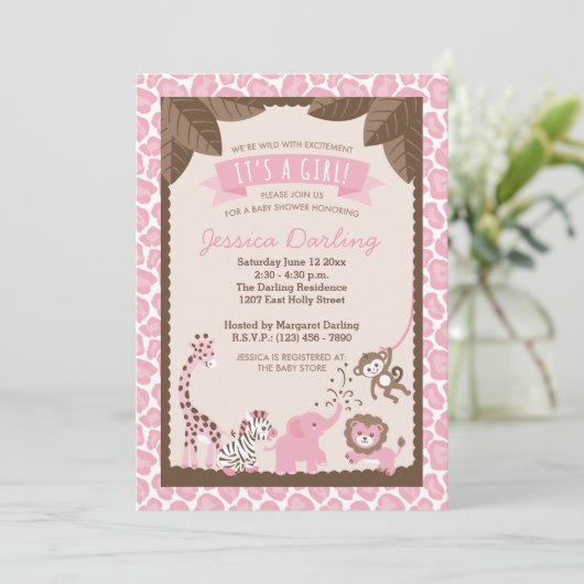 Roze Safari Animals Girl Baby Shower Invitations Kaart (Staand voorkant)