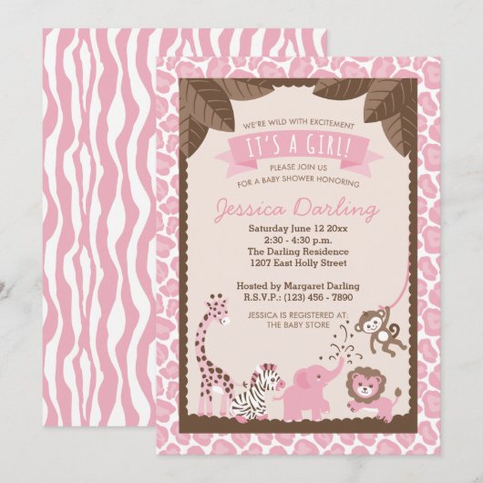 Roze Safari Animals Girl Baby Shower Invitations Kaart (Voorkant / Achterkant)