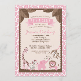 Roze Safari Animals Girl Baby Shower Invitations Kaart