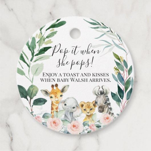 Roze Safari Baby shower Pop It Favor Labels (Voorkant)