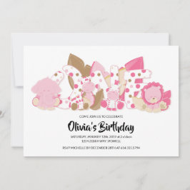 Roze Safari Dieren 1e verjaardag van de uitnodigin Kaart