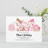 Roze Safari Dieren 1e verjaardag van de uitnodigin Kaart (Staand voorkant)