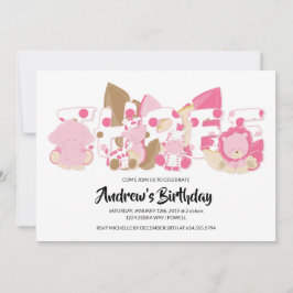 Roze Safari Dieren 3e verjaardag van de uitnodigin Kaart