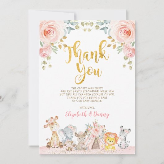 Roze Safari Dieren Baby Shower Bedankkaart Kaart (Voorkant)