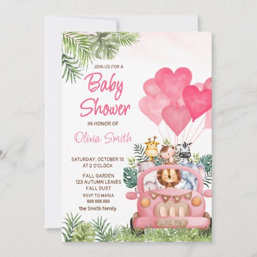 Roze Safari Dieren Baby shower Kaart (Voorkant)
