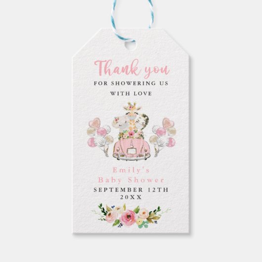 Roze Safari-dieren rijden op Baby shower Cadeaulabel (Voorkant)