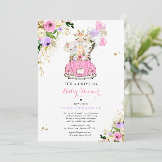 Roze Safari-dieren rijden op Baby shower Kaart (Staand voorkant)