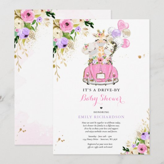 Roze Safari-dieren rijden op Baby shower Kaart (Voorkant / Achterkant)