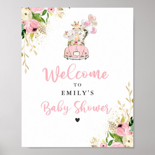 Roze Safari-dieren rijden op Baby shower Poster (Voorkant)