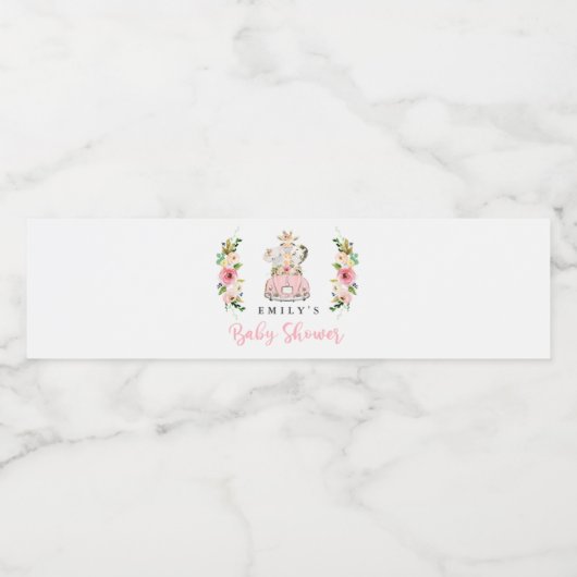 Roze Safari-dieren rijden op Baby shower Waterfles Etiket (Enkel label)