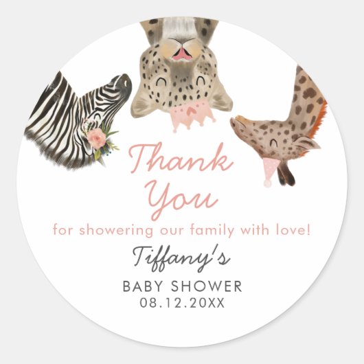 Roze Safari Dieren Theme Baby shower Classic Rou Ronde Sticker (Voorkant)