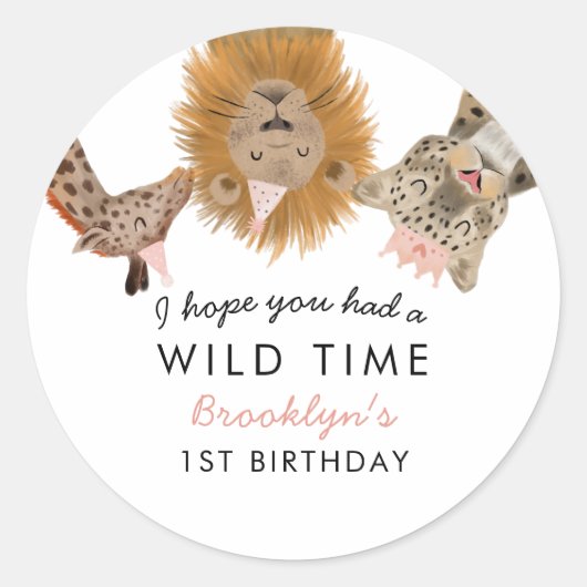 Roze Safari Dieren Theme Girl Birthday Party Ronde Sticker (Voorkant)