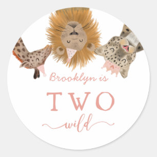 Roze Safari Dieren TWEE wilde Kids Verjaardagsfees Ronde Sticker