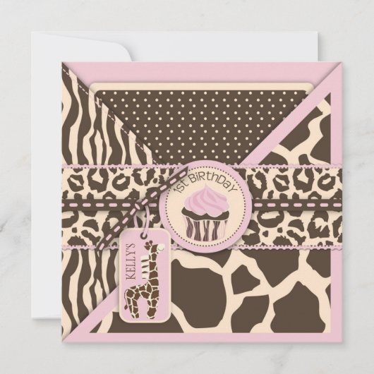Roze Safari Giraffe en Cupcake First Birthday Kaart (Voorkant)