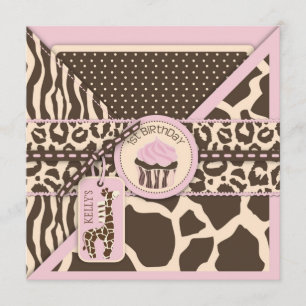 Roze Safari Giraffe en Cupcake First Birthday Kaart