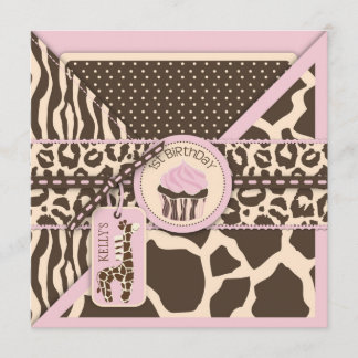 Roze Safari Giraffe en Cupcake First Birthday Kaart