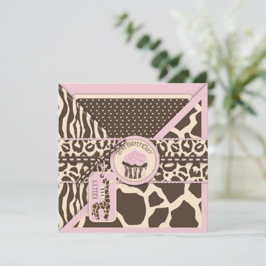 Roze Safari Giraffe en Cupcake Tweede verjaardag Kaart (Staand voorkant)
