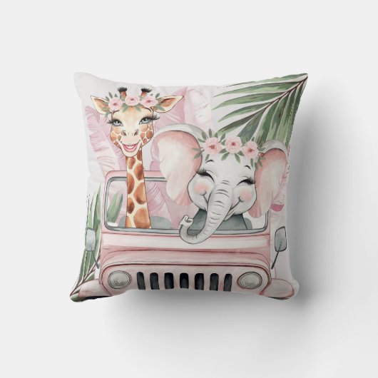 Roze Safari Oerwoud Adventure Girl Baby shower Gif Kussen (Achterkant)