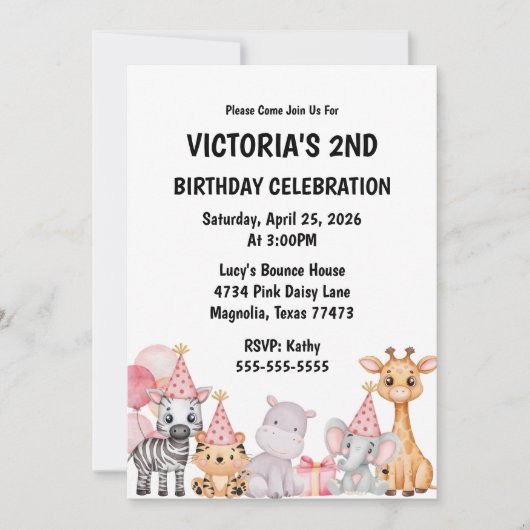 Roze Safari Oerwoud Animal Verjaardagsuitnodiging Kaart (Voorkant)